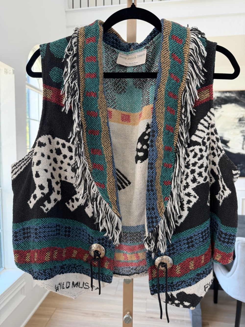Every Stitch Counts Vintage Southwestern Tapestry Vest Fringe Concho Small